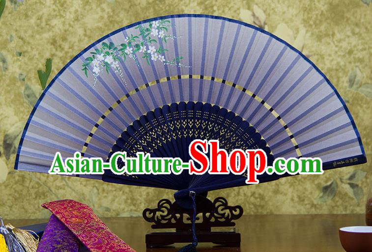 Traditional Chinese Handmade Crafts Two-segment Folding Fan, China Printing Flowers Sensu Blue Silk Fan Hanfu Fans for Women