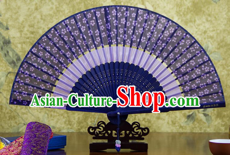Traditional Chinese Handmade Crafts Two-segment Folding Fan, China Printing Flowers Sensu Purple Silk Fan Hanfu Fans for Women
