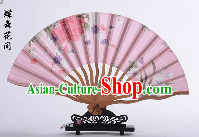 Traditional Chinese Handmade Crafts Folding Fan, China Printing Flower Sensu Pink Silk Fan Hanfu Fans for Women
