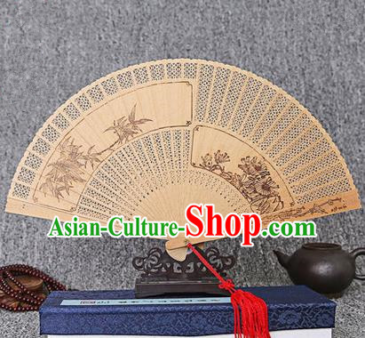 Traditional Chinese Handmade Crafts Sandalwood Folding Fan, China Classical Bamboo and Chrysanthemum Sensu Hollow Out Wood Fan Hanfu Fans for Women