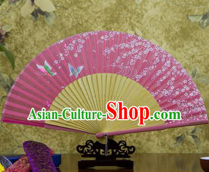 Traditional Chinese Handmade Crafts Bamboo Rib Folding Fan, China Classical Printing Butterfly Sensu Pink Silk Fan Hanfu Fans for Women