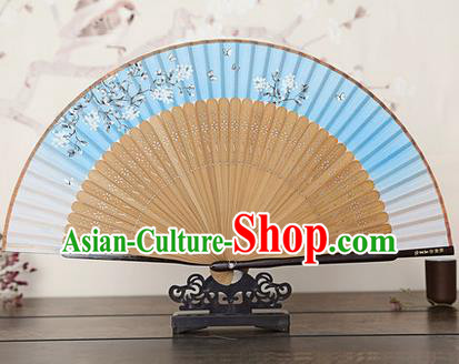 Traditional Chinese Handmade Crafts Bamboo Rib Folding Fan, China Classical Printing Peach Flowers Sensu Gradient Blue Silk Fan Hanfu Fans for Women
