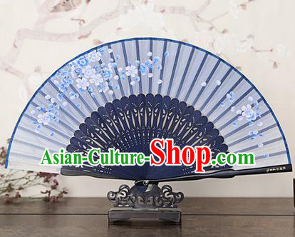 Traditional Chinese Handmade Crafts Bamboo Rib Folding Fan, China Classical Printing Peach Flowers Sensu Blue Silk Fan Hanfu Fans for Women