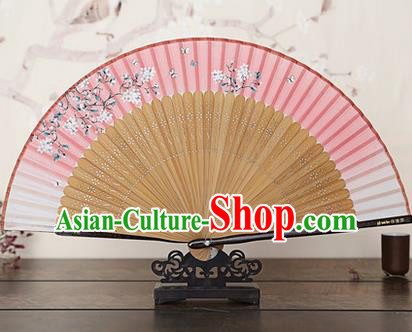 Traditional Chinese Handmade Crafts Bamboo Rib Folding Fan, China Classical Printing Peach Flowers Sensu Gradient Pink Silk Fan Hanfu Fans for Women