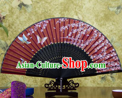 Traditional Chinese Handmade Crafts Bamboo Rib Folding Fan, China Classical Printing Butterfly Flowers Sensu Red Silk Fan Hanfu Fans for Women