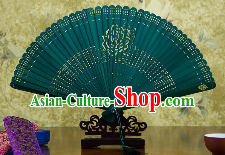 Traditional Chinese Handmade Crafts Bamboo Carving Folding Fan, China Classical Printing Rose Flower Sensu Hollow Out Wood Green Fan Hanfu Fans for Women