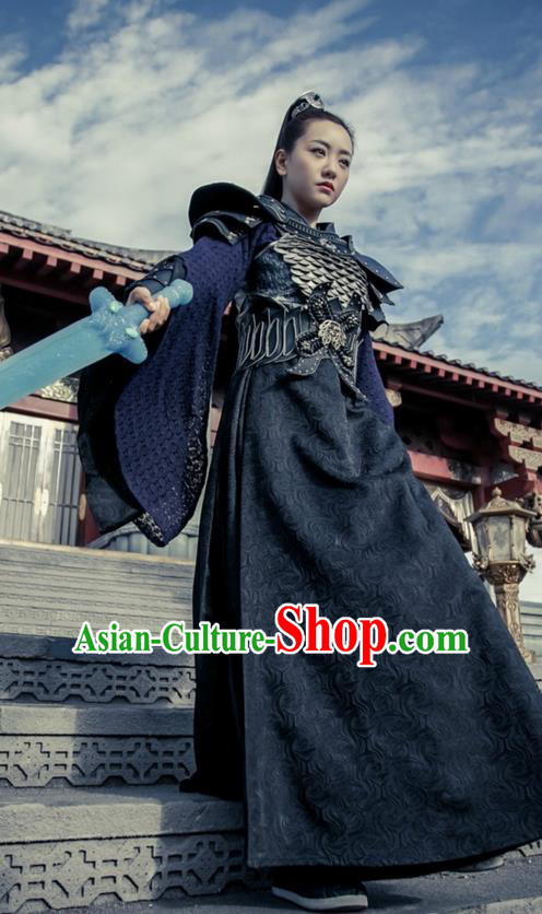 Traditional Ancient Chinese Han Dynasty Female General Clothing, Chinese Ancient Swordswoman Hanfu Costume and Headpiece Complete Set