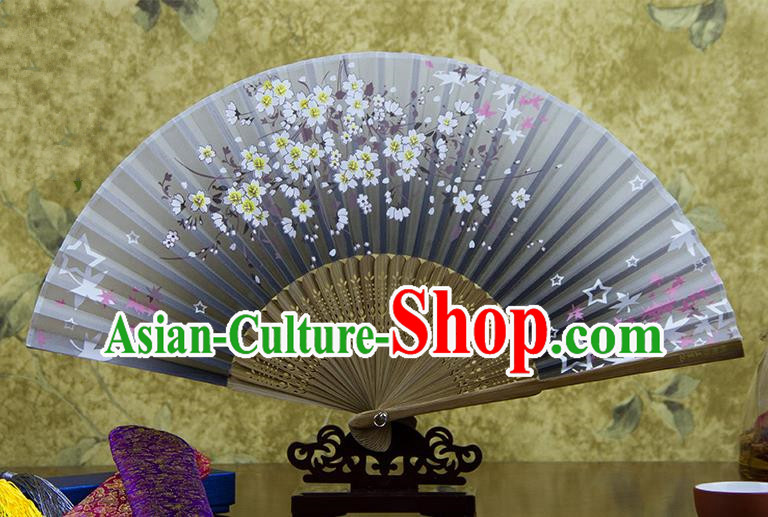 Traditional Chinese Handmade Crafts Hand Painting Flowers Folding Fan, China Classical Oriental Cherry Sensu Grey Silk Fan Hanfu Fans for Women