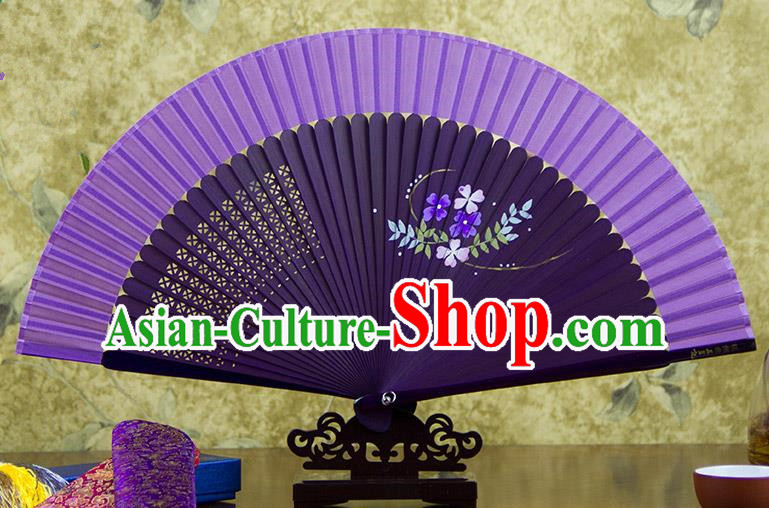 Traditional Chinese Handmade Crafts Hand Painting Flowers Folding Fan, China Classical Purple Sensu Silk Fan Hanfu Fans for Women