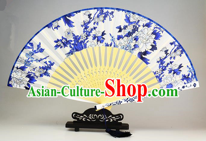 Traditional Chinese Handmade Crafts Blue and White Porcelain Folding Fan, China Classical Peony Sensu Silk Fan Hanfu Fans for Women