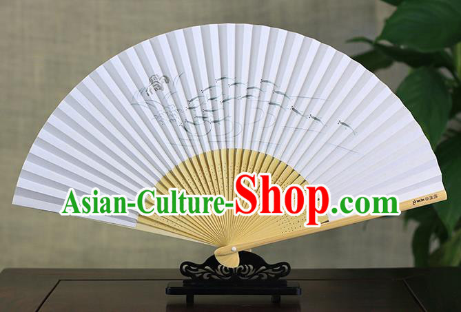 Traditional Chinese Handmade Crafts Ink Painting Fishes Folding Fan, China Classical Art Paper Sensu Xuan Paper Fan Hanfu Fans for Men