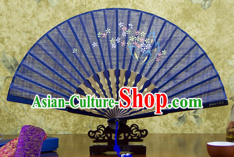 Traditional Chinese Handmade Crafts Printing Flower Folding Fan, China Classical Linen Sensu Blue Fan Hanfu Fans for Women