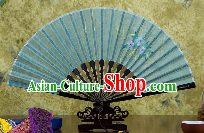 Traditional Chinese Handmade Crafts Printing Flower Folding Fan, China Classical Linen Sensu Green Fan Hanfu Fans for Women