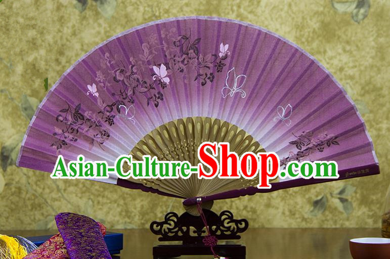Traditional Chinese Handmade Crafts Printing Flower Folding Fan, China Classical Linen Sensu Lilac Fan Hanfu Fans for Women