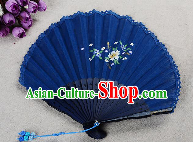 Traditional Chinese Handmade Crafts Hand Painting Flower Folding Fan, China Classical Linen Sensu Sunflower-type Blue Fan Hanfu Fans for Women