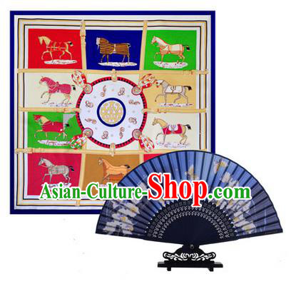 Traditional Chinese Handmade Crafts Silk Folding Fan and Scarves, China Classical Blue Sensu Peach Blossom Fan Hanfu Fans for Women