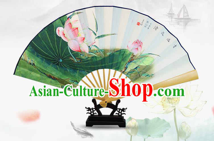 Traditional Chinese Handmade Crafts Water Jade Bone Folding Fan, China Classical Art Paper Hand Painting Lotus Sensu Xuan Paper Fan Hanfu Fans for Men