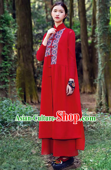 Traditional Chinese Costume Elegant Hanfu Embroidered Vest Dress, China Tang Suit Cheongsam Red Qipao Plated Buttons Dress Clothing for Women