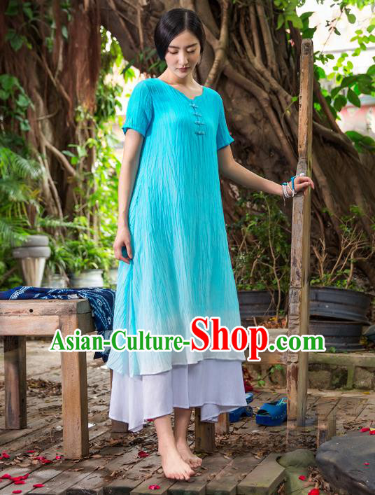 Traditional Chinese Costume Elegant Hanfu Linen Dress, China Tang Suit Cheongsam Blue Qipao Dress Clothing for Women