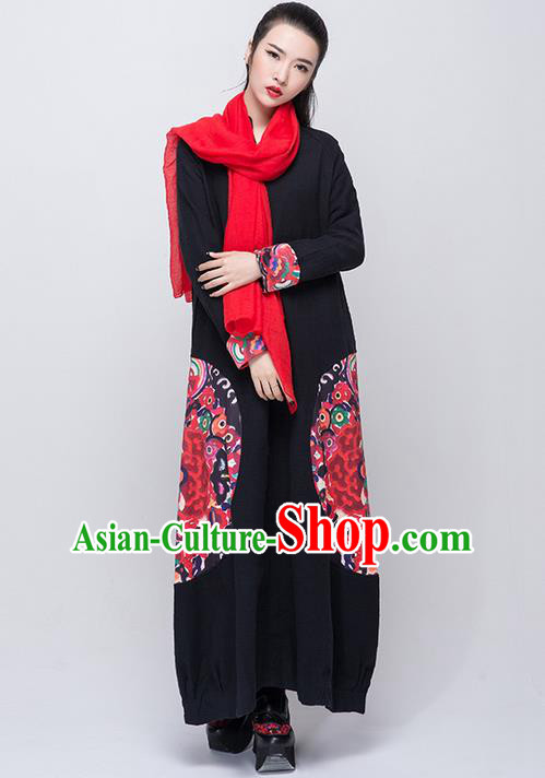 Traditional Chinese Costume Elegant Hanfu Printing Dress, China Tang Suit Black Qipao Dress Clothing for Women