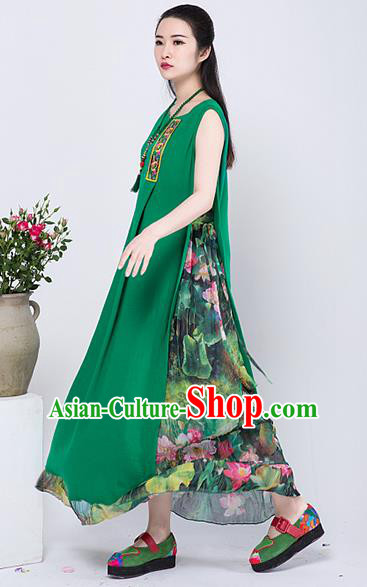 Traditional Chinese Costume Elegant Hanfu Printing Lotus Linen Dress, China Tang Suit Cheongsam Green Qipao Dress Clothing for Women