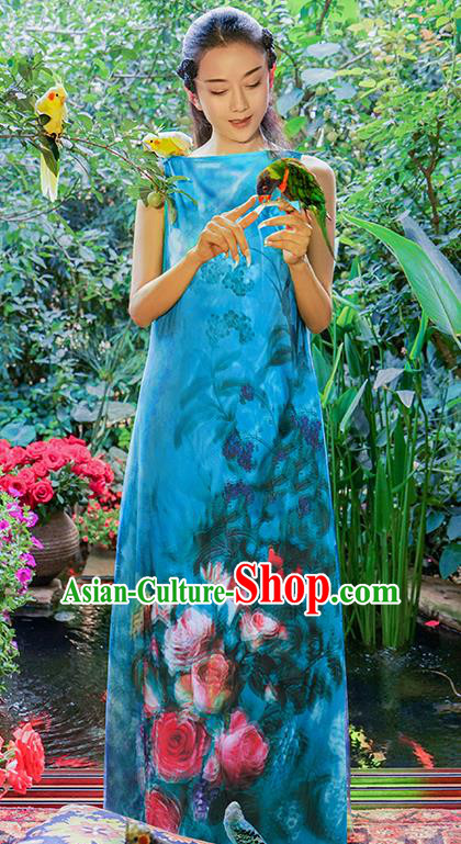 Traditional Chinese Costume Elegant Hanfu 3D Painting Flowers Blue Dress, China Tang Suit Cheongsam Upper Outer Garment Qipao Dress Clothing for Women