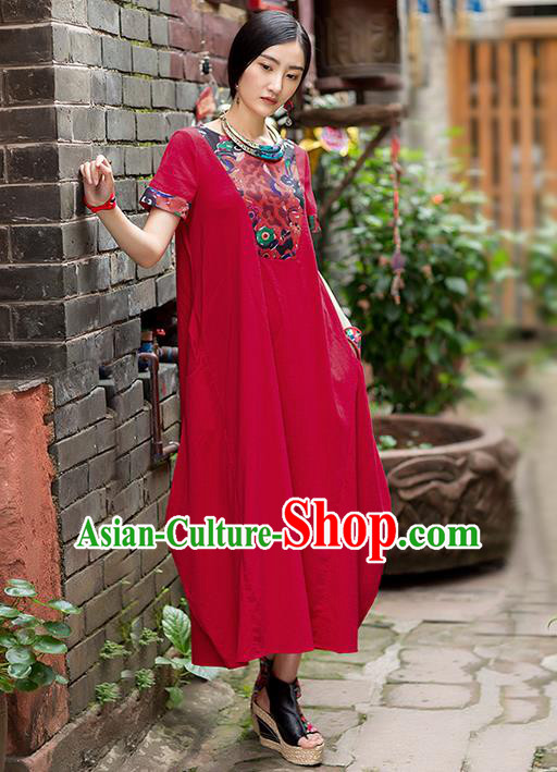 Traditional Chinese Costume Elegant Hanfu Printing Flowers Red Dress, China Tang Suit Linen Qipao Dress Clothing for Women
