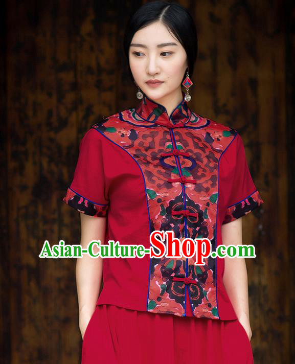 Traditional Ancient Chinese National Costume, Elegant Hanfu Red Shirt, China Tang Suit Cheongsam Blouse Plated Buttons Shirt for Women