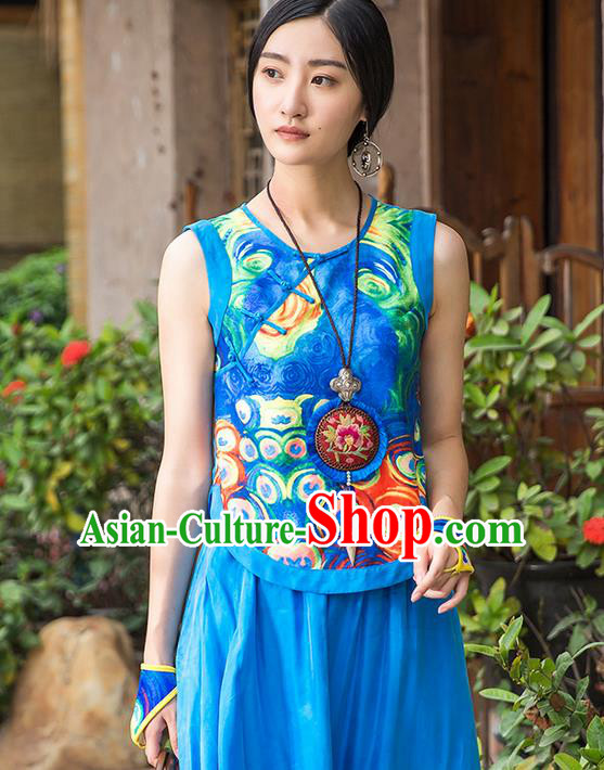 Traditional Ancient Chinese National Costume, Elegant Hanfu Bellyband Shirt, China Tang Suit Printing Blouse Blue Camisole Shirts Clothing for Women