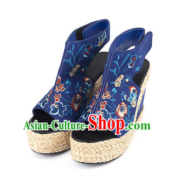 Traditional Chinese Shoes Wedding Shoes Embroidered Shoes Blue Slipsole Shoes Hanfu Shoes for Women