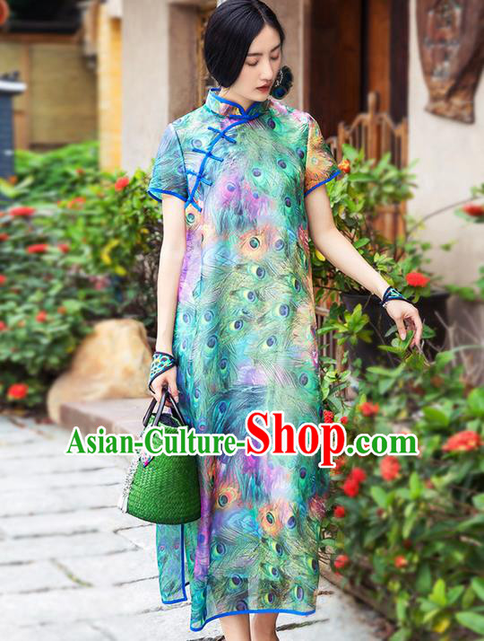 Traditional Chinese Costume Elegant Hanfu Printing Flowers Green Dress, China Tang Suit Cheongsam Silk Qipao Plated Buttons Dress Clothing for Women