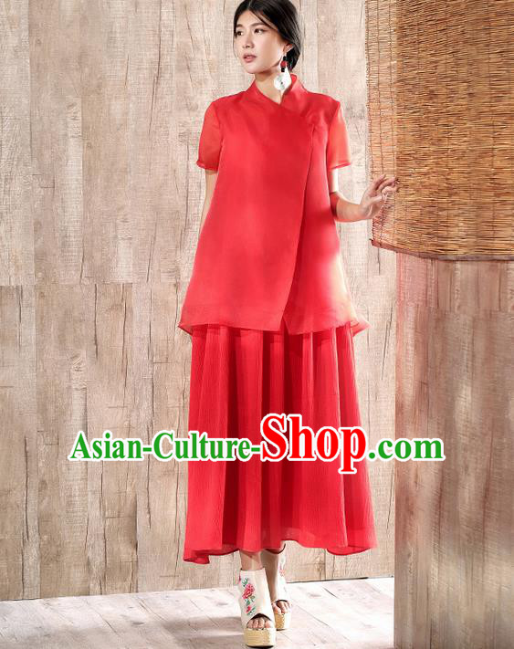 Traditional Chinese Costume Elegant Hanfu Silk Blouse and Dress, China Tang Suit Cheongsam Red Qipao Dress Clothing for Women