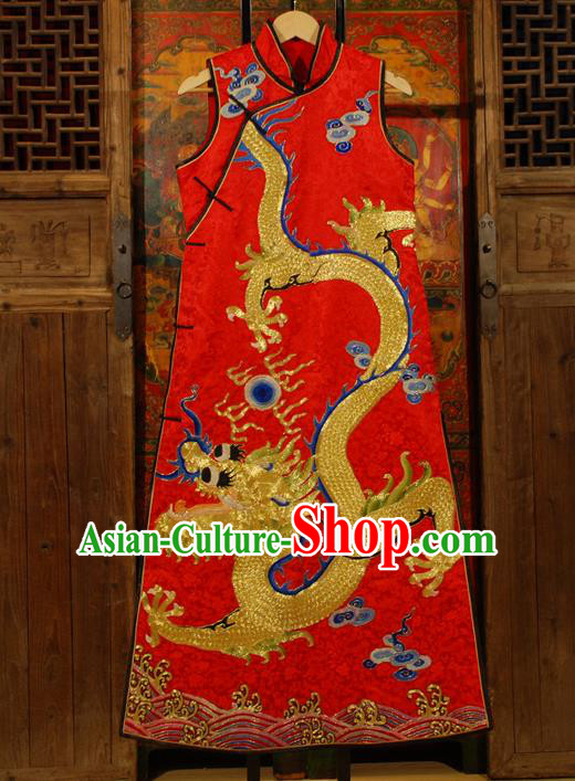 Traditional Chinese Costume Elegant Hanfu Embroidery Dragon Dress, China Tang Suit Plated Buttons Red Cheongsam Silk Qipao Dress Clothing for Women