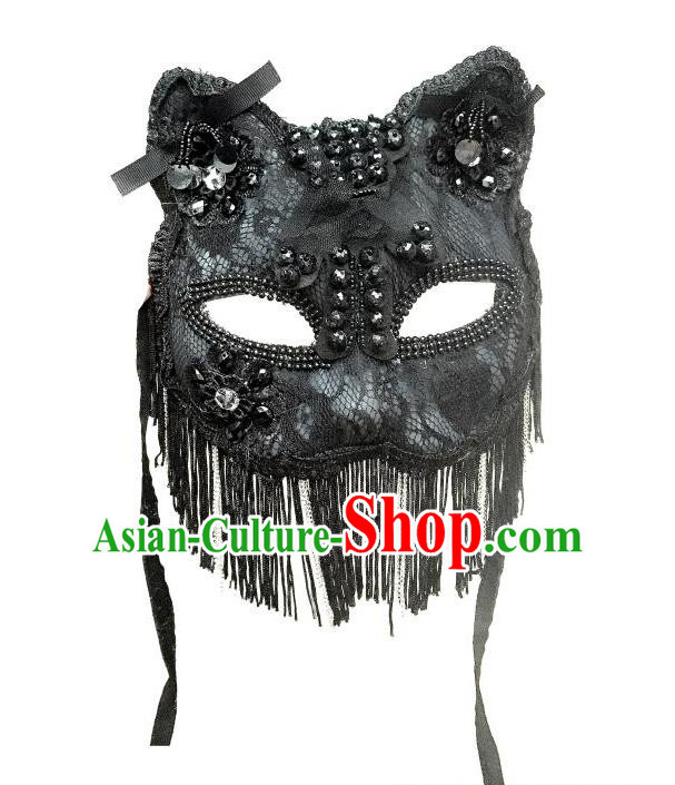Top Grade Halloween Masquerade Accessories Mask, Brazilian Carnival Black Tassel Fox Mask Veil for Women