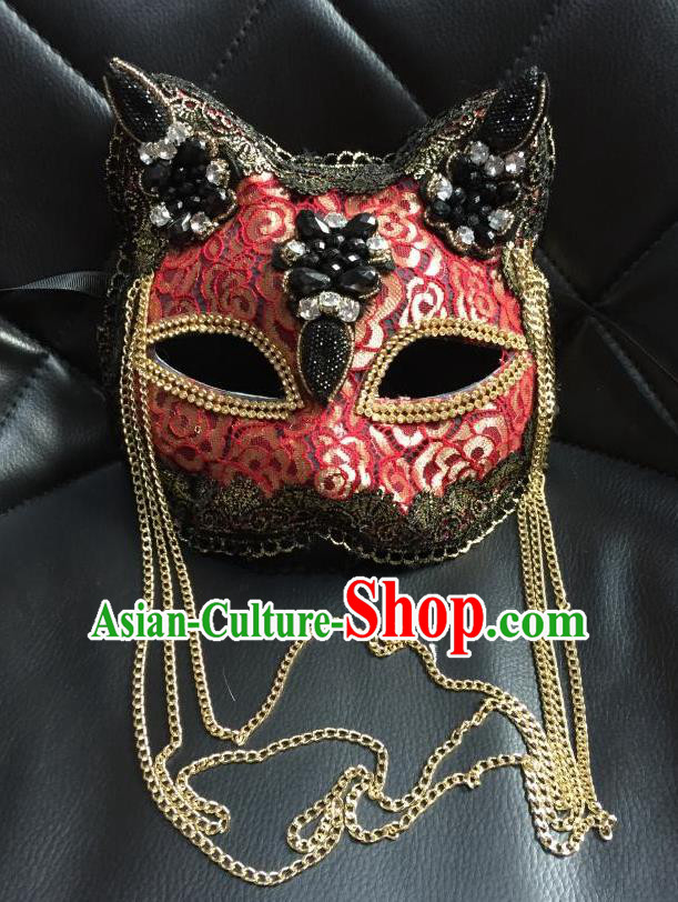 Top Grade Halloween Masquerade Accessories Mask, Brazilian Carnival Red Tassel Cat Mask Veil for Women