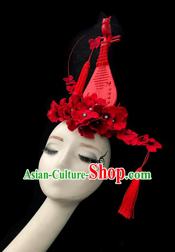 Top Grade Chinese Traditional Halloween Hair Accessories, China Style Cosplay Red Lute Headwear Catwalks Headpiece for Women