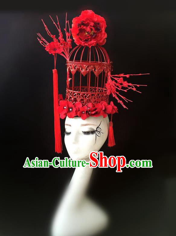 Top Grade Chinese Traditional Halloween Hair Accessories, China Style Cosplay Red Birdcage Headwear Catwalks Headpiece for Women