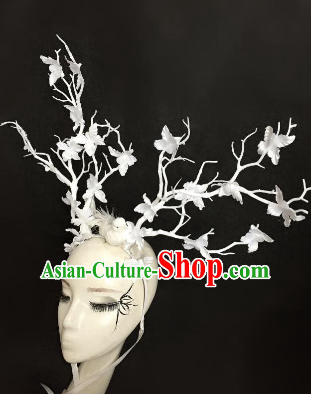 Top Grade Halloween Masquerade Ceremonial Occasions Handmade Model Show Baroque White Flowers Hair Accessories Hair Clasp Headdress Hat for Women