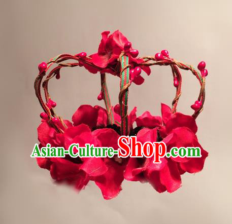 Top Grade Chinese Theatrical Headdress Ornamental Red Flowers Hair Accessories, Ceremonial Occasions Handmade Halloween Royal Crown for Women
