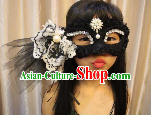 Top Grade Chinese Theatrical Luxury Headdress Ornamental Black Veil Mask, Halloween Fancy Ball Ceremonial Occasions Handmade Flower Face Mask for Women