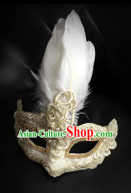 Top Grade Chinese Theatrical Luxury Headdress Ornamental Feather Mask, Halloween Fancy Ball Ceremonial Occasions Handmade White Face Mask for Men