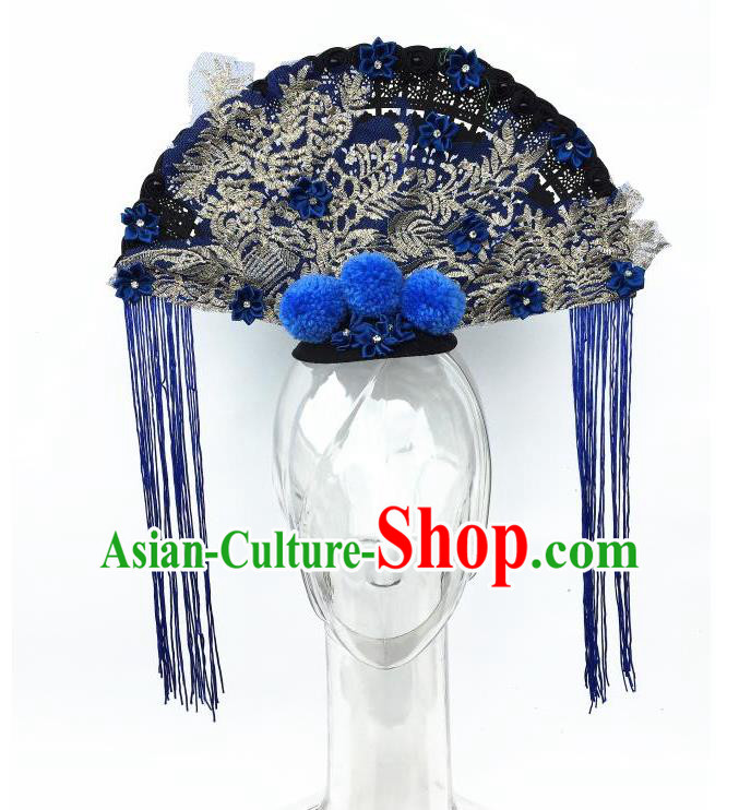 Top Grade Chinese Asian Headpiece Headpieces Model Show Fan Tassel Headdress, Ceremonial Occasions Handmade Traditional Ornamental Flowers Floral Headdress for Women