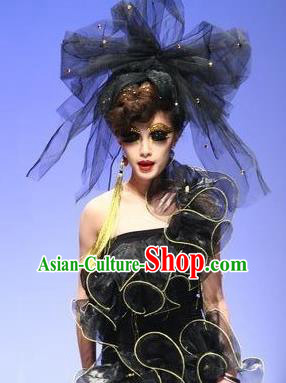 Top Grade Chinese Asian Headpiece Headpieces Model Show Veil Headdress, Ceremonial Occasions Handmade Traditional Ornamental Black Bowknot Headdress for Women