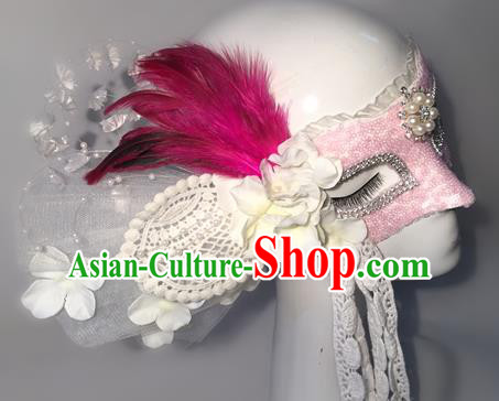Top Grade Chinese Theatrical Luxury Headdress Ornamental Feather Mask, Halloween Fancy Ball Ceremonial Occasions Handmade Lace Face Mask for Women