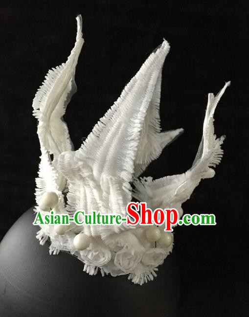 Top Grade Chinese Theatrical Luxury Headdress Ornamental White Hair Crown, Halloween Fancy Ball Ceremonial Occasions Handmade Bride Headwear for Women