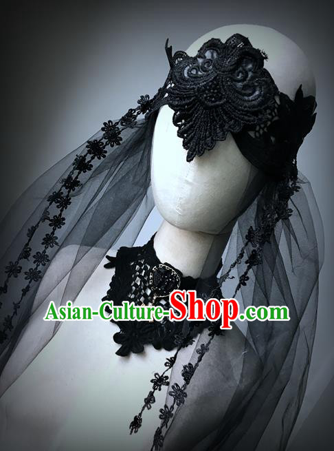 Top Grade Chinese Theatrical Luxury Headdress Ornamental Black Lace Hair Accessories, Halloween Fancy Ball Asian Headpieces Model Show Veil Headwear for Women