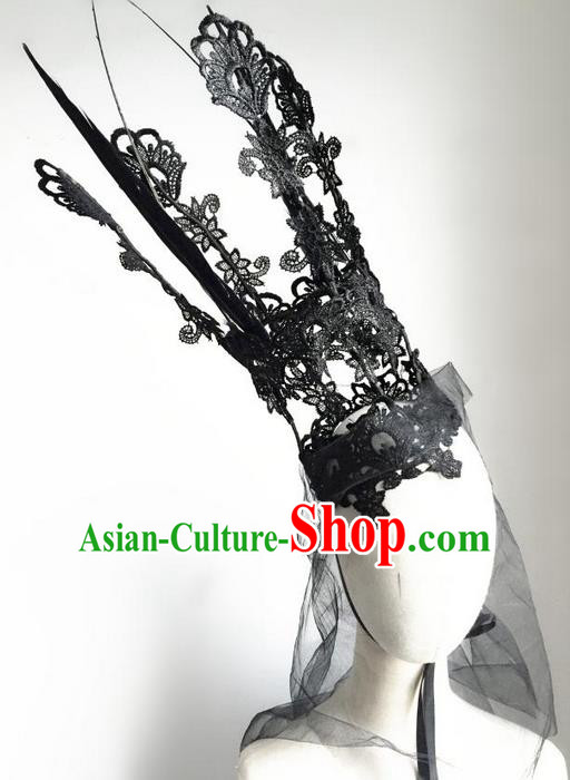 Top Grade Chinese Theatrical Luxury Headdress Ornamental Black Royal Crown, Halloween Fancy Ball Asian Headpieces Model Show Lace Headwear for Women