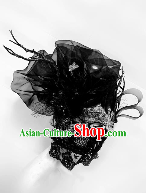 Top Grade Chinese Theatrical Luxury Headdress Ornamental Black Veil Mask, Halloween Fancy Ball Asian Headpieces Model Show Headwear for Women