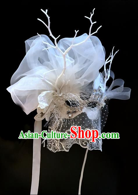 Top Grade Chinese Theatrical Luxury Headdress Ornamental White Veil Mask, Halloween Fancy Ball Asian Headpieces Model Show Headwear for Women
