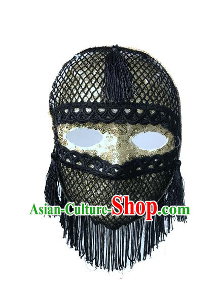 Top Grade Chinese Theatrical Luxury Headdress Ornamental Jazz Dance Mask, Halloween Fancy Ball Ceremonial Occasions Handmade Black Tassel Face Mask for Men